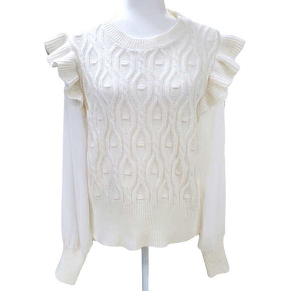 Saks Fifth Avenue Design 365 sweater women's Large cream white Chiffon sleeve - Picture 1 of 11
